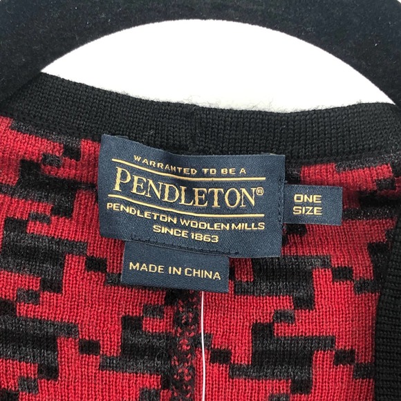 Pendleton Cardigan Sweater 100% Wool Houndstooth Open Front Black Red OS - Picture 8 of 9